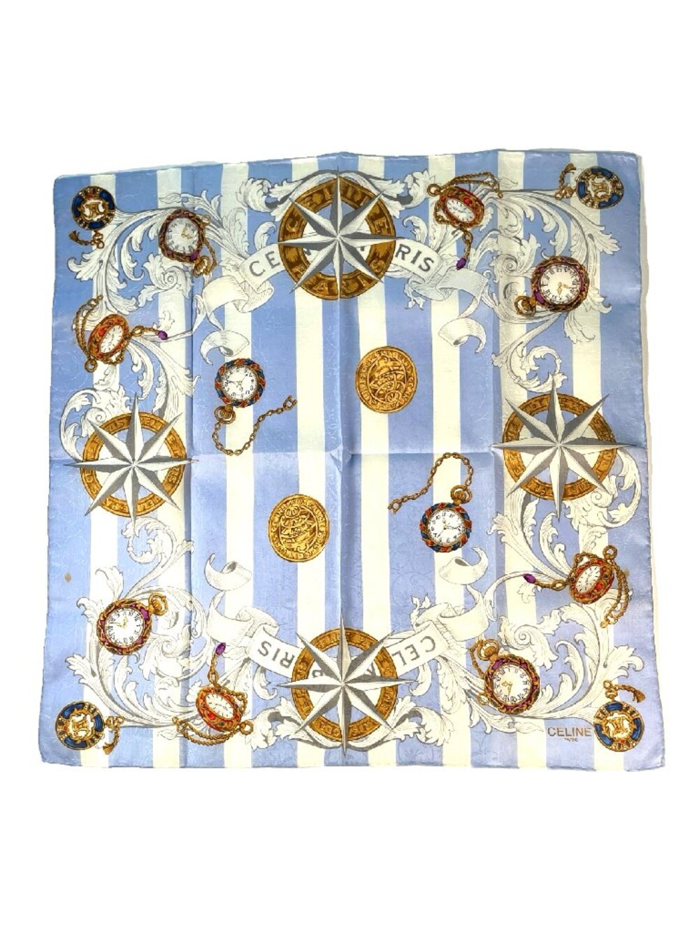Vintage Celine Paris Cotton Scarf Blue Compass Rose Pocket Watch Print